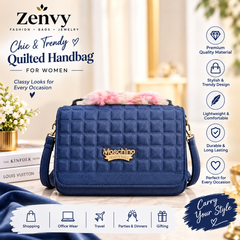 Elegant Navy Blue Quilted Women’s Handbag | Stylish Shoulder Bag with Fur Handle