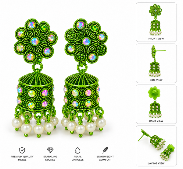 Elegant Green Floral Jhumka Earrings – Pearl & Crystal Traditional Earrings