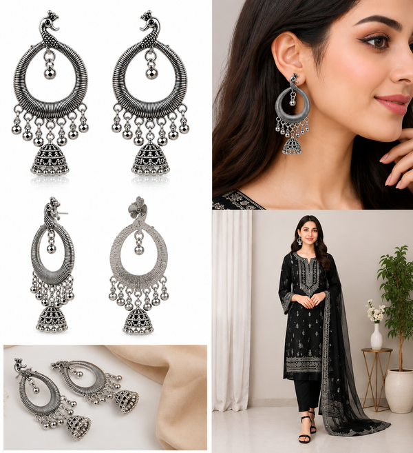 Peacock Jhumka Earrings – Oxidized Silver Traditional Hoop Earrings