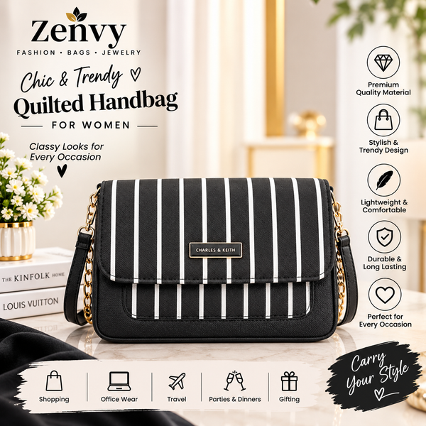Chic Black & White Women’s Handbag | Elegant Striped Shoulder Bag