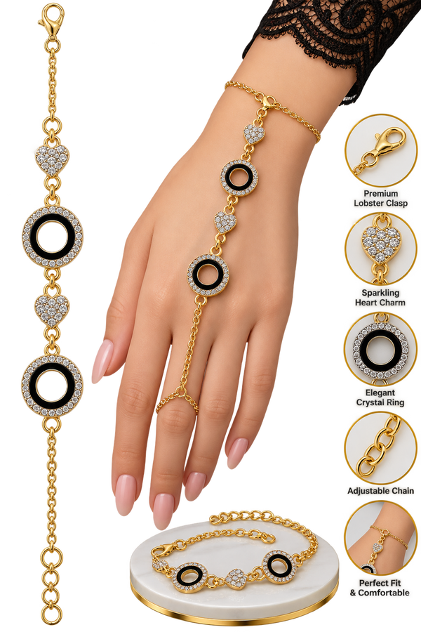 ✨ Elegant Gold Hand Bracelet with Crystal Heart & Circle Charms