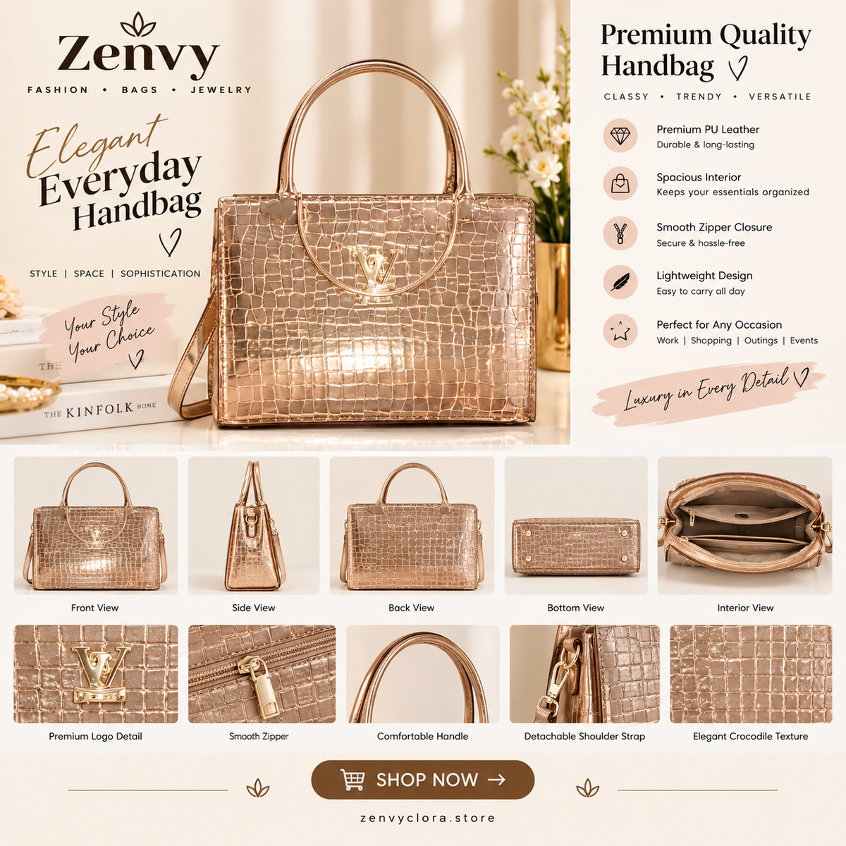 Elegant Rose Gold Crocodile Texture Handbag for Women – Luxury Shoulder & Hand Bag