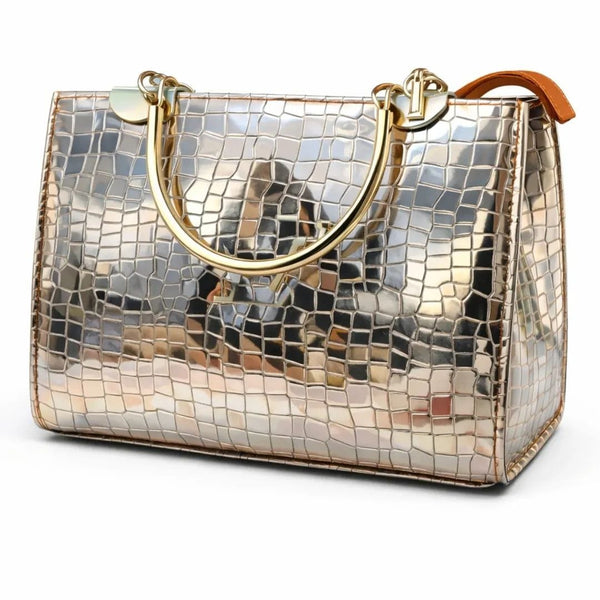 Luxury Croc Texture Metallic Gold Tote Handbag for Women