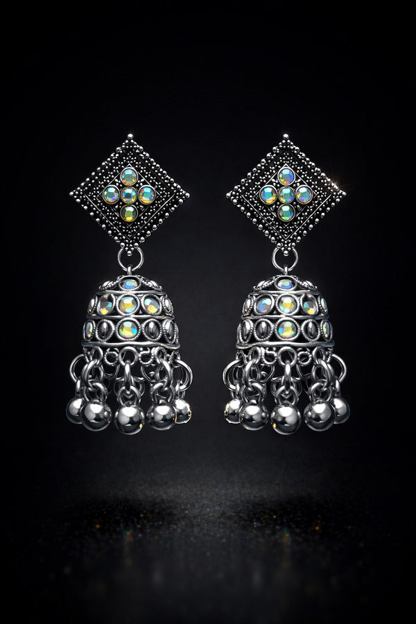 ✨ Royal Oxidized Silver Jhumka Earrings – Crystal Diamond Design