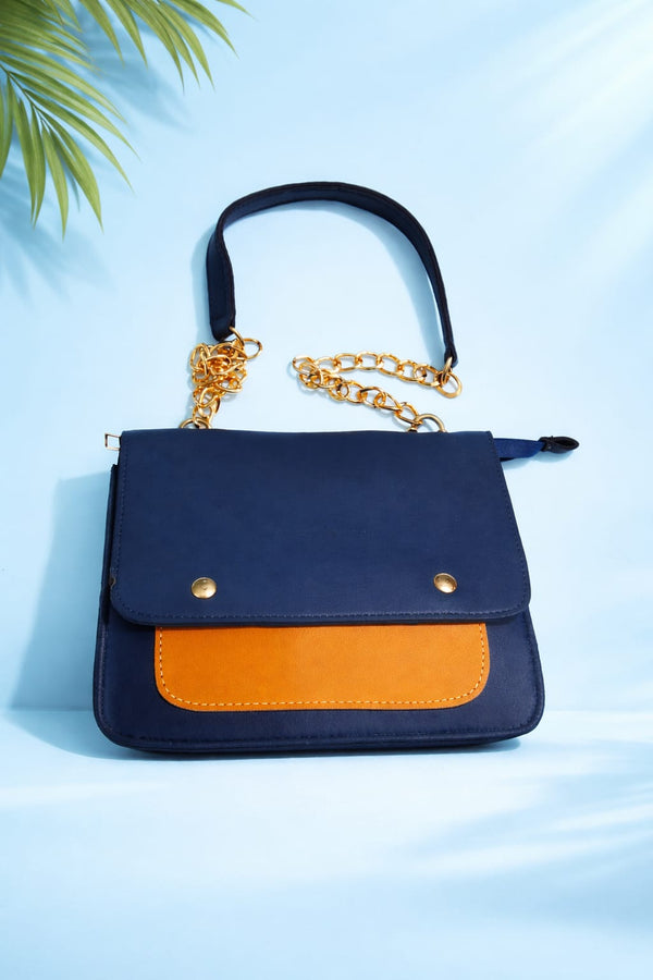Elegant Navy Blue & Orange Crossbody Bag – Gold Chain Shoulder Bag