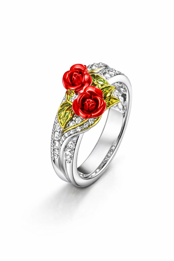 Elegant Red Rose Floral Crystal Ring