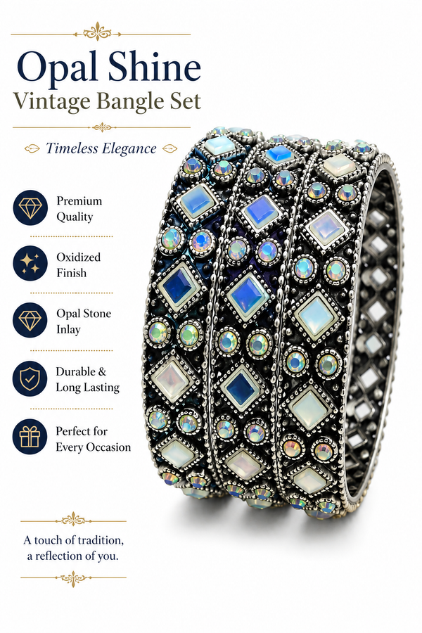 Opal Shine Vintage Oxidized Silver Bangle Set
